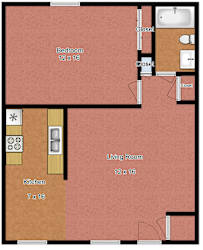 A floor plan of a room with a bedroom, living room, kitchen, and closets.