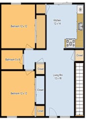 A floor plan of a house with two bedrooms, a bathroom, a living room, a kitchen, and a closet.