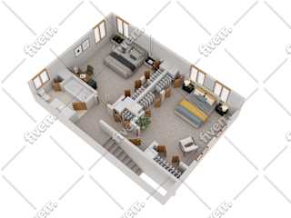 A 3D rendered image of a modern apartment layout.