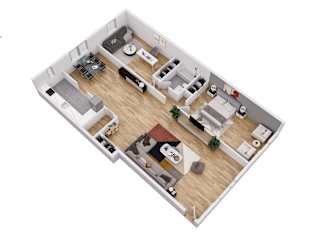 A top-down view of a two-story apartment with a living room, kitchen, and bedrooms.