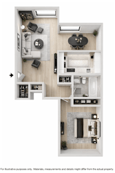A floor plan of a two-story apartment with a living room, kitchen, and bathroom on the first floor, and a bedroom on the second floor.