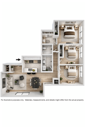 A three-story apartment layout with a kitchen, living room, and bedrooms.