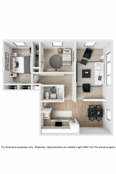 A white and wood floor plan of a small apartment with a kitchen, living room, and bedroom.