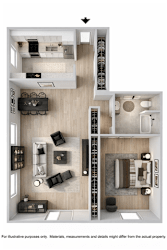 A floor plan of a house with a kitchen, living room, and bathroom.