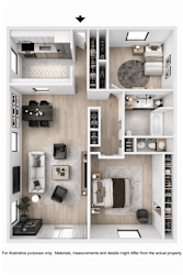 A floor plan of a two-bedroom apartment with a living room, kitchen, and bathroom.