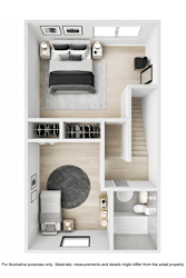 A top-down view of a bedroom with a bed, dresser, and staircase.