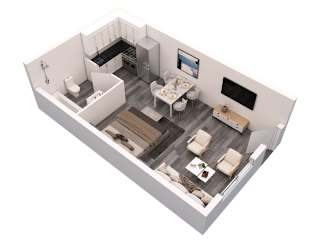 an overhead view of a bedroom with a bathroom and a living room