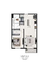 A floor plan of a one bedroom, one bathroom apartment.