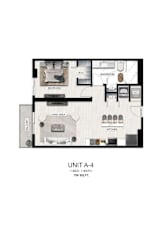 A floor plan of a 1-bedroom, 1-bathroom apartment.