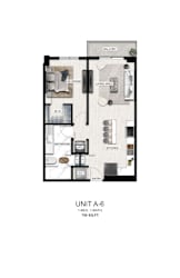 A diagram of a 1-bedroom, 1-bathroom apartment with a living area and kitchen.