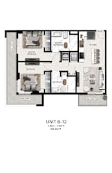 A diagram of a floor plan for a 2 bedroom, 2 bath unit.