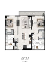 A floor plan of a 2-bedroom, 2-bathroom apartment.