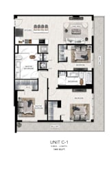 A floor plan of a 3 bedroom, 2 bathroom apartment.
