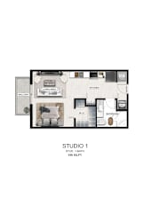 A floor plan of a studio apartment with a living area, kitchen, and bathroom.