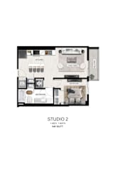A floor plan of a studio apartment with a kitchen, living area, bedroom and bathroom.
