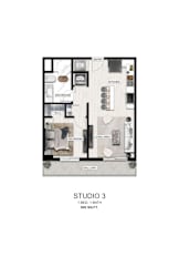 A floor plan of a studio apartment with a kitchen, living area, and bathroom.