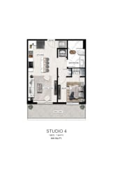 A floor plan of a studio apartment with a living room, kitchen, and bathroom.