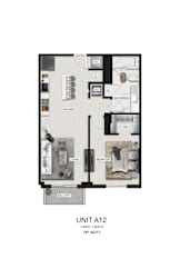 A floor plan of a 1-bedroom, 1-bath apartment with a living room, kitchen, and balcony.