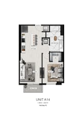 A floor plan of a 1-bedroom apartment with a bath.