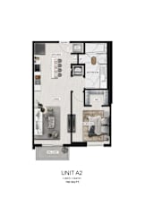 A floor plan of a 1-bedroom apartment with a bath.