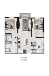 A floor plan of a unit with a master bedroom, a bathroom, a living room, a dining room, a kitchen, and a laundry room.