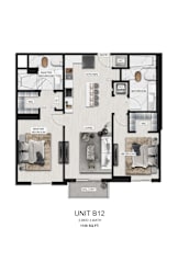 A floor plan of a 2 bedroom, 2 bathroom apartment.