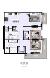 A floor plan of a 2-bedroom, 2-bathroom apartment with a living room, kitchen, and bathrooms.