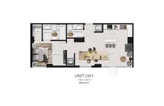 A floor plan of a one bedroom apartment with a living area, kitchen, and two bathrooms.