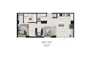 A diagram of a one bedroom apartment with a living area.