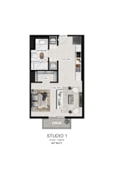 A floor plan of a studio apartment with a bathroom, kitchen, living area, and balcony.