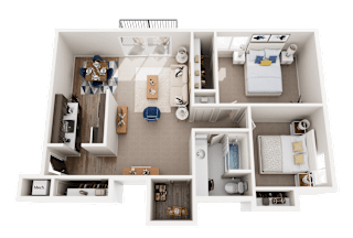A 3D floor plan of a house showing a kitchen, living room, dining area, and bedrooms.