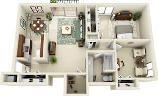 A 3D floor plan of a house with a living room, kitchen, dining room, and bedrooms.