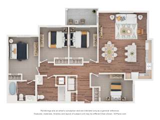 A 3D floor plan of a house with a kitchen, living room, dining room, and two bedrooms.