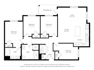 A black and white image of a floor plan for a home with a living room, dining room, kitchen, and four bedrooms.