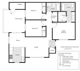 a floor plan of a house with three bedrooms and two baths
