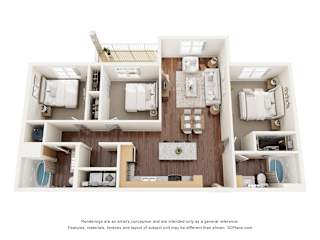 A 3D floor plan of a house with multiple rooms.