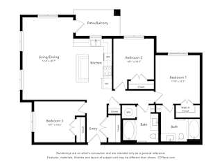 A floor plan of a home with three bedrooms, a living/dining area, a kitchen, a bath, and a patio/balcony.
