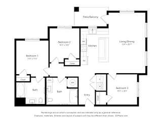 A black and white image of a floor plan for a home with three bedrooms, a bath, a kitchen, a living/dining area, and a patio/balcony.