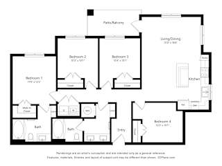 A black and white floor plan of a house with four bedrooms and a living/dining area.