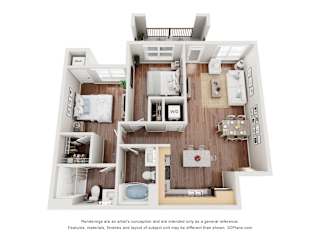 A 3D floor plan of a house with labeled rooms.