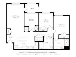 A black and white floor plan of a house with a porch, two bedrooms, a living/dining area, a kitchen, two bathrooms, and an entry.
