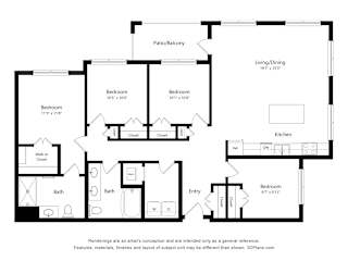 A black and white floor plan of a house with a living/dining area, three bedrooms, a kitchen, and two bathrooms.