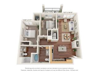 A 3D floor plan of a house with a kitchen, living room, and bathroom.
