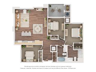 A floor plan of a house with a kitchen, living room, dining room, and bathrooms.