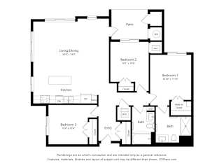 A black and white floor plan of a house with three bedrooms, a living/dining area, a kitchen, a bathroom, and an entry.