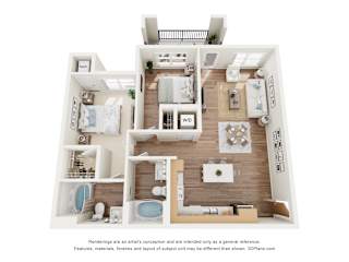 A 3D floor plan of a house with a kitchen, living room, and bedrooms.