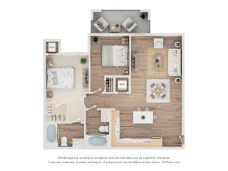 A 3D floor plan of a house with a kitchen, living room, and bathroom.