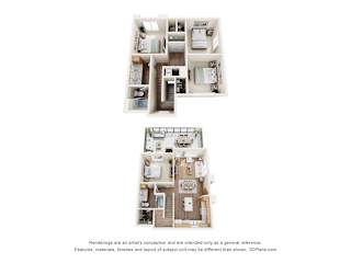 Two images of a house plan with a kitchen and living room.