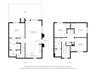 A floor plan of a two-story house with two bedrooms and two bathrooms.