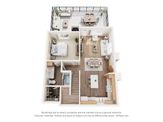 A 3D floor plan of a house with a kitchen, living room, and two bedrooms.